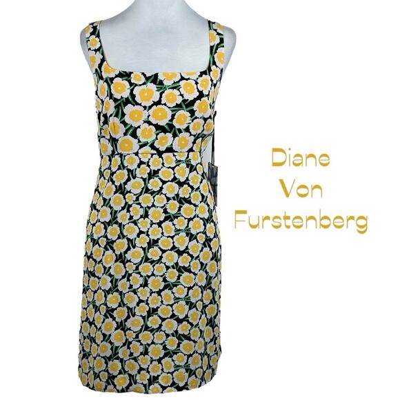 Diane Von Furstenberg Black Yellow Bold Floral BabyDoll Chic Dress NWT Size 14 - Picture 2 of 13